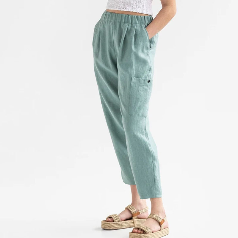 Oversized Pants High-waisted buttoned cotton hemp pants nine-point pants wide-legged