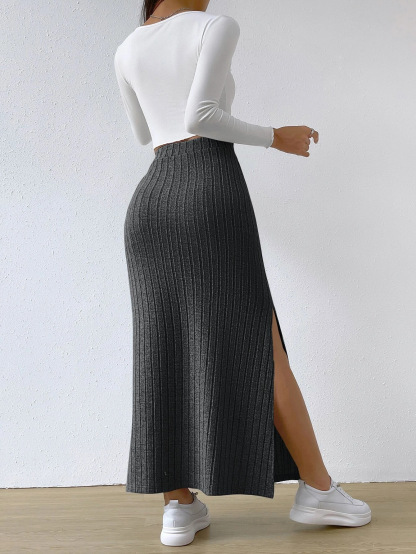 High-waisted Side Slit Knit Bustier Skirt