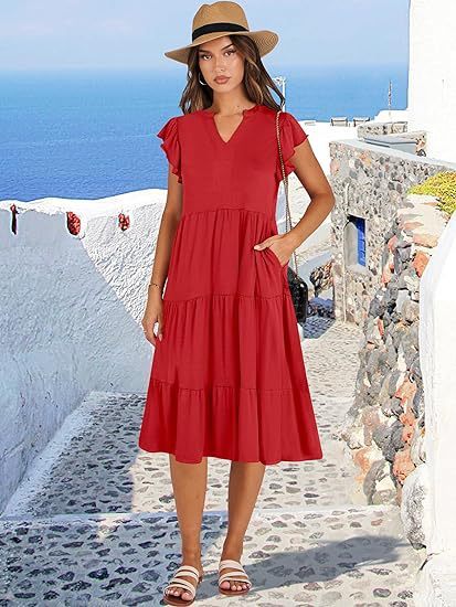 Summer Ruffle Sleeve V Neck Midi Dress