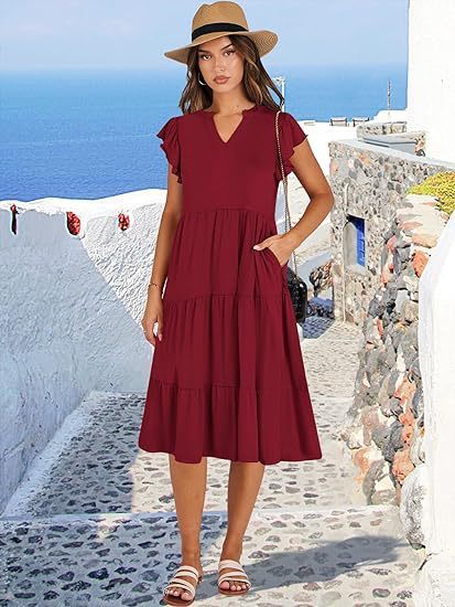 Summer Ruffle Sleeve V Neck Midi Dress