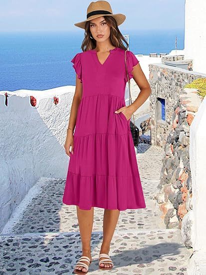 Summer Ruffle Sleeve V Neck Midi Dress