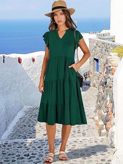 Summer Ruffle Sleeve V Neck Midi Dress