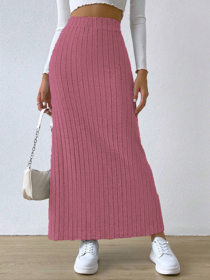 High-waisted Side Slit Knit Bustier Skirt
