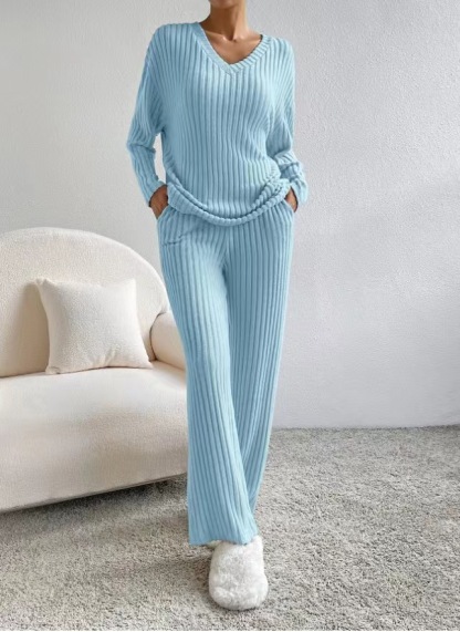 Casual Straight Leg Pants Loose V-Neck Knitted Suit
