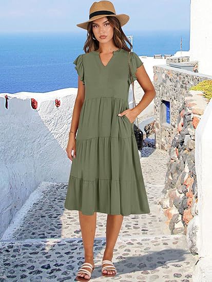 Summer Ruffle Sleeve V Neck Midi Dress