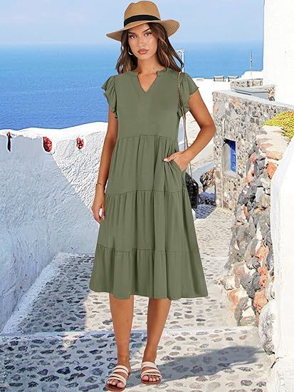 Summer Ruffle Sleeve V Neck Midi Dress