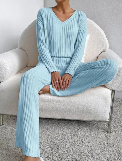 Casual Straight Leg Pants Loose V-Neck Knitted Suit