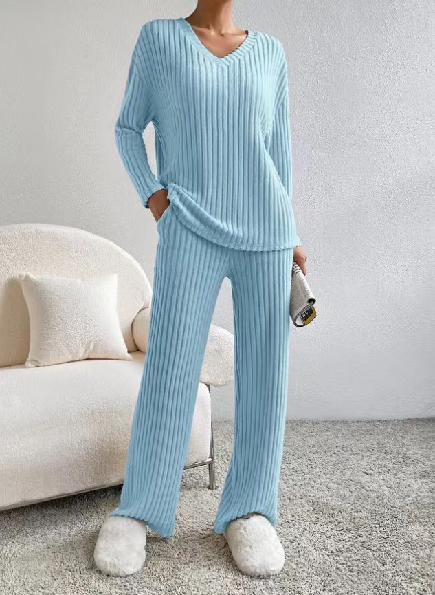 Casual Straight Leg Pants Loose V-Neck Knitted Suit