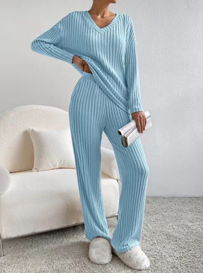Casual Straight Leg Pants Loose V-Neck Knitted Suit