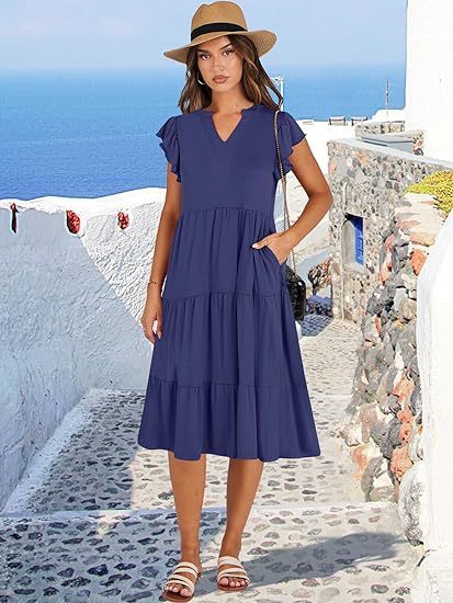 Summer Ruffle Sleeve V Neck Midi Dress