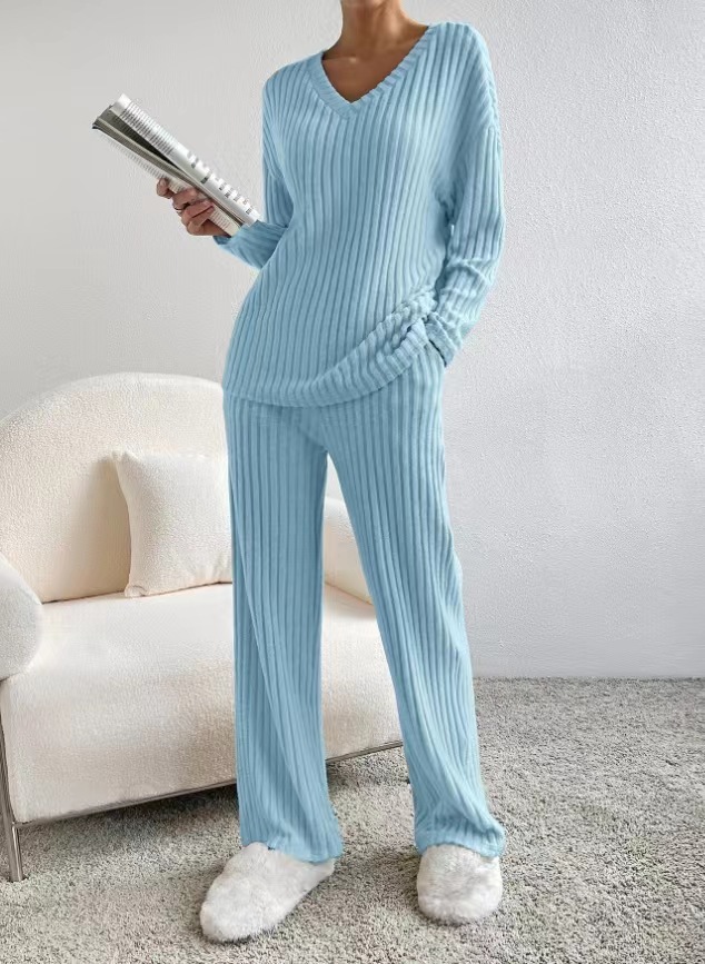 Casual Straight Leg Pants Loose V-Neck Knitted Suit