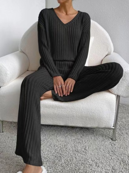 Casual Straight Leg Pants Loose V-Neck Knitted Suit