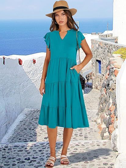 Summer Ruffle Sleeve V Neck Midi Dress