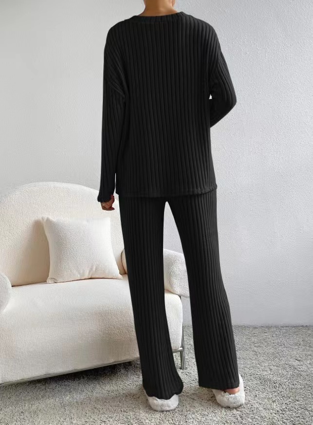 Casual Straight Leg Pants Loose V-Neck Knitted Suit