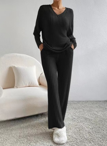 Casual Straight Leg Pants Loose V-Neck Knitted Suit