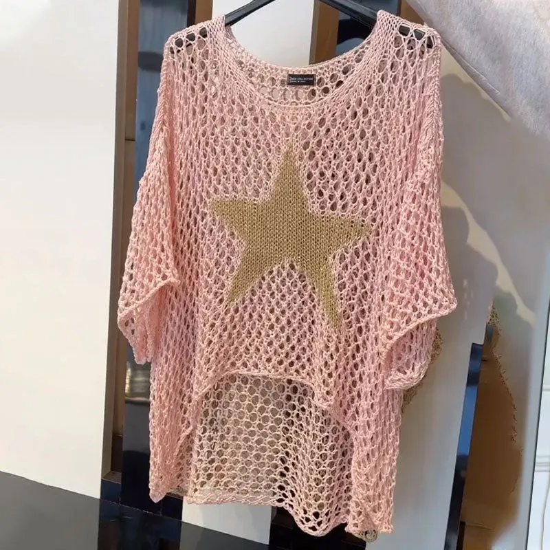 Shooting Star Knit | Round Neck Crochet Knit Fishnet Top