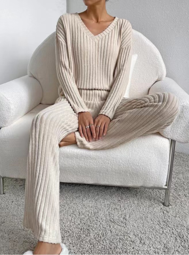Casual Straight Leg Pants Loose V-Neck Knitted Suit