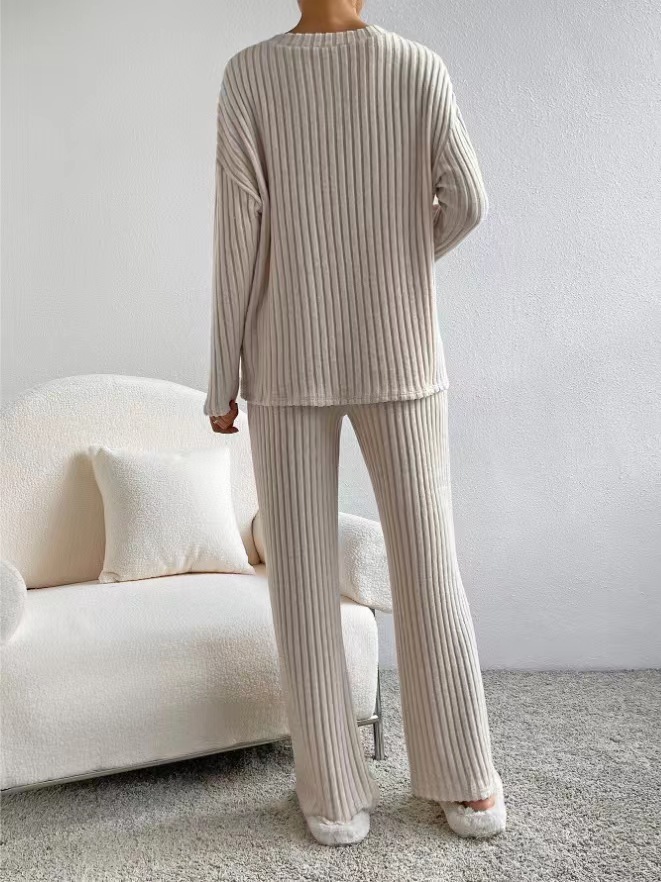 Casual Straight Leg Pants Loose V-Neck Knitted Suit
