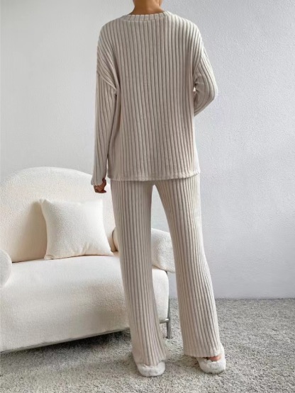 Casual Straight Leg Pants Loose V-Neck Knitted Suit