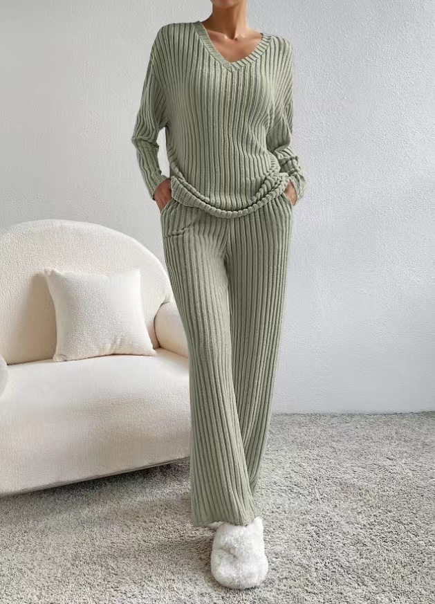 Casual Straight Leg Pants Loose V-Neck Knitted Suit