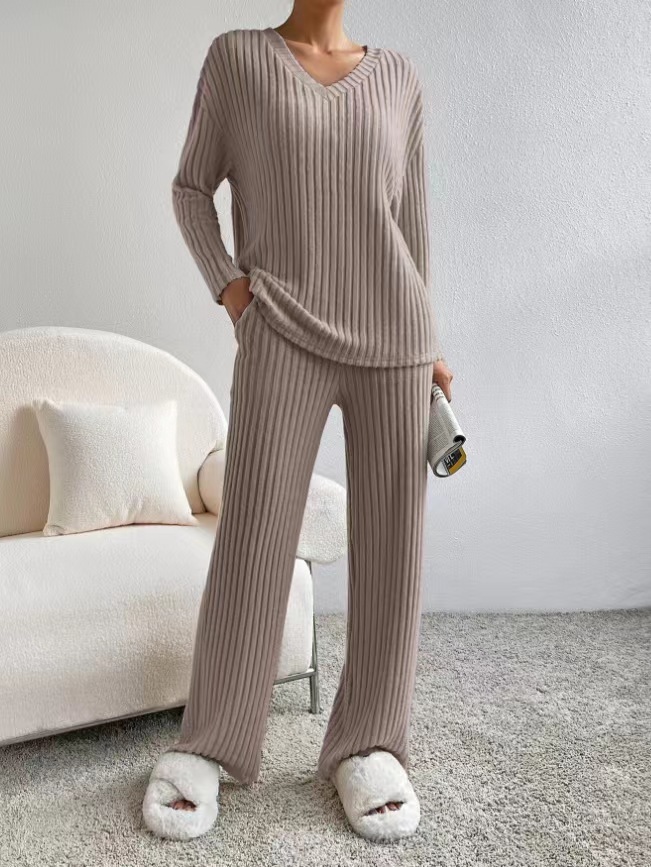 Casual Straight Leg Pants Loose V-Neck Knitted Suit