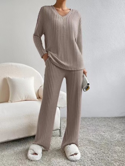 Casual Straight Leg Pants Loose V-Neck Knitted Suit
