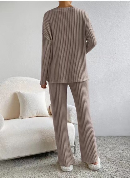Casual Straight Leg Pants Loose V-Neck Knitted Suit
