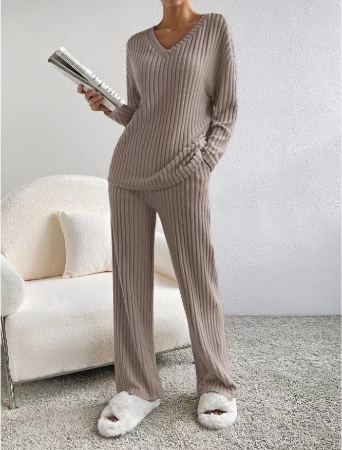 Casual Straight Leg Pants Loose V-Neck Knitted Suit