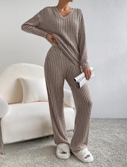 Casual Straight Leg Pants Loose V-Neck Knitted Suit