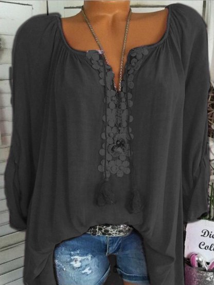 Long Sleeve Casual Solid V neck Plus Size Blouse