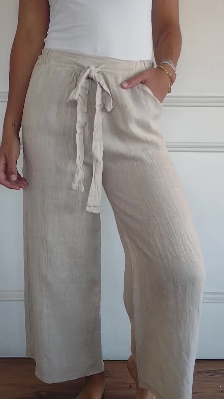 2024 Women's High-waisted buttoned cotton hemp pants nine-point pants wide-legged