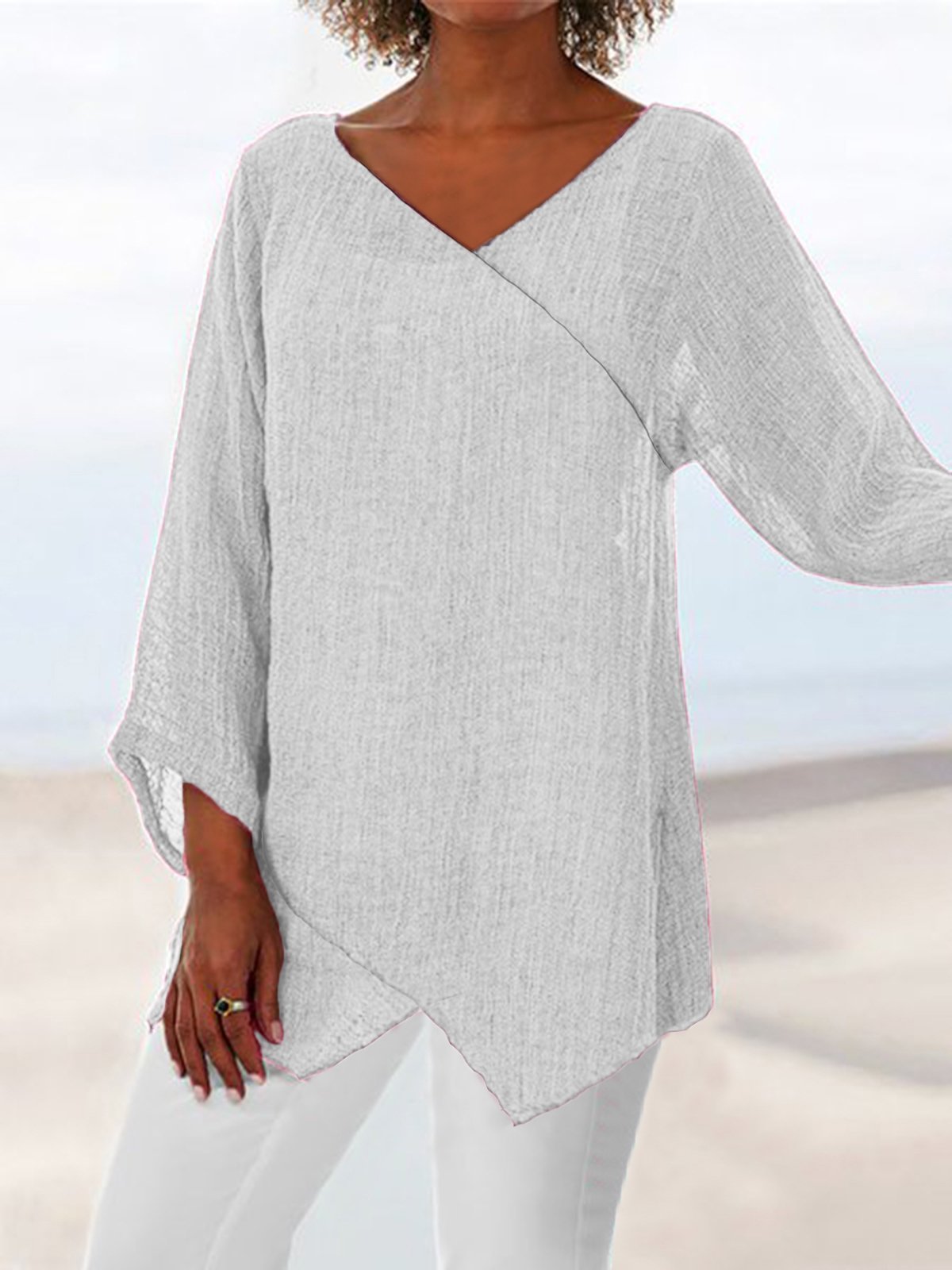 Paneled V Neck Solid 3/4 Sleeve Shirts & Tops