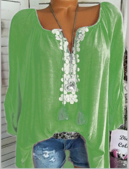 Long Sleeve Casual Solid V neck Plus Size Blouse