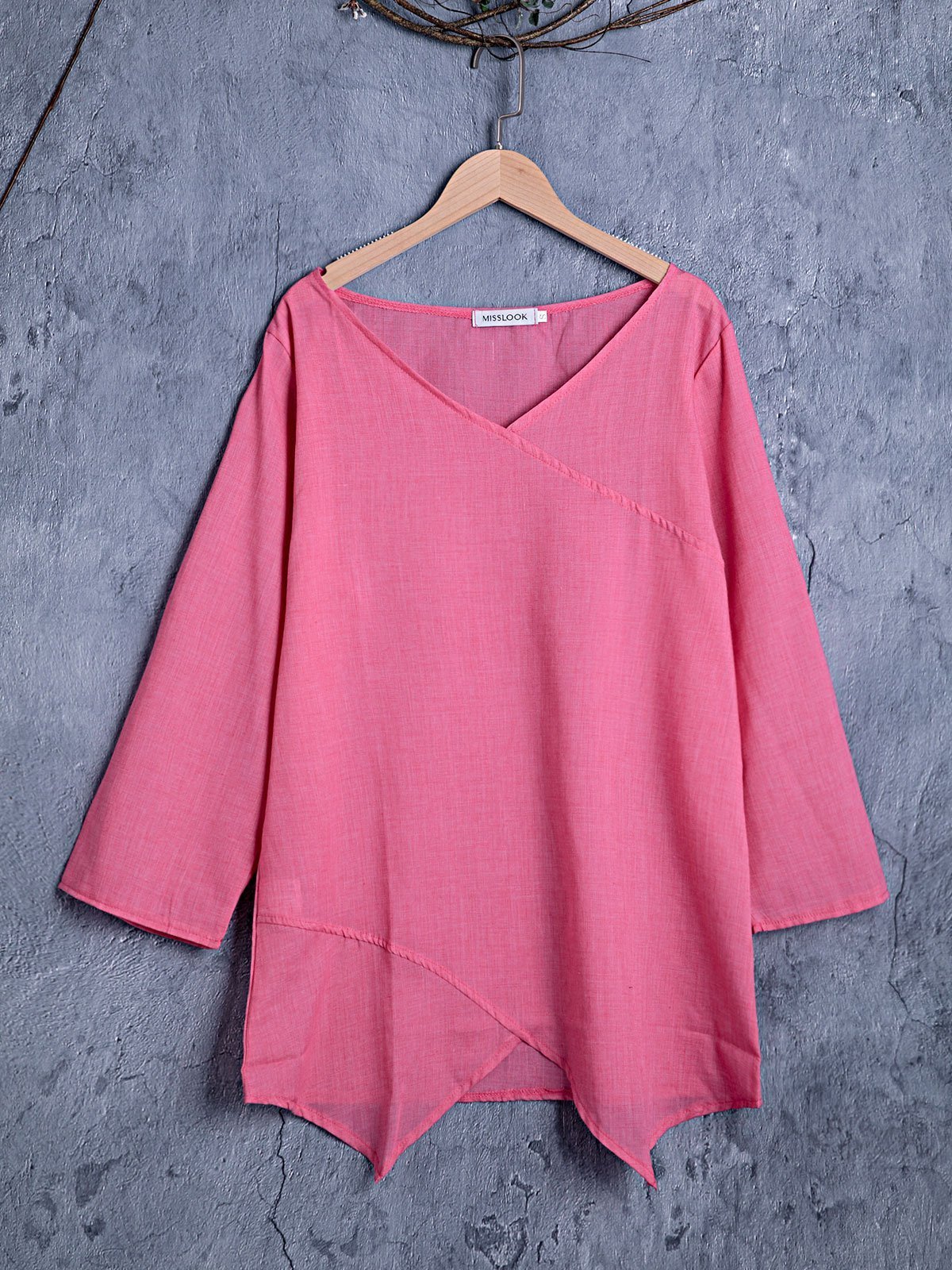 Paneled V Neck Solid 3/4 Sleeve Shirts & Tops