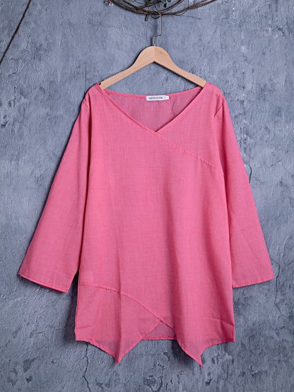 Paneled V Neck Solid 3/4 Sleeve Shirts & Tops