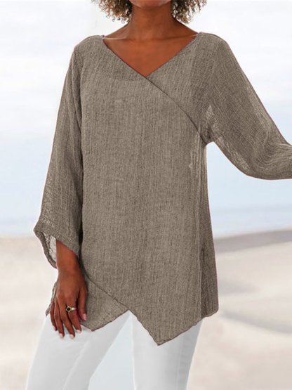 Paneled V Neck Solid 3/4 Sleeve Shirts & Tops