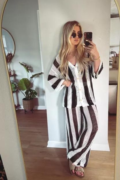 NIFTRIRY Women Cover Up Sets Button Up Tops with Pants Crochet Set Outfit 2 Piece Outfits Vacation Outfits
