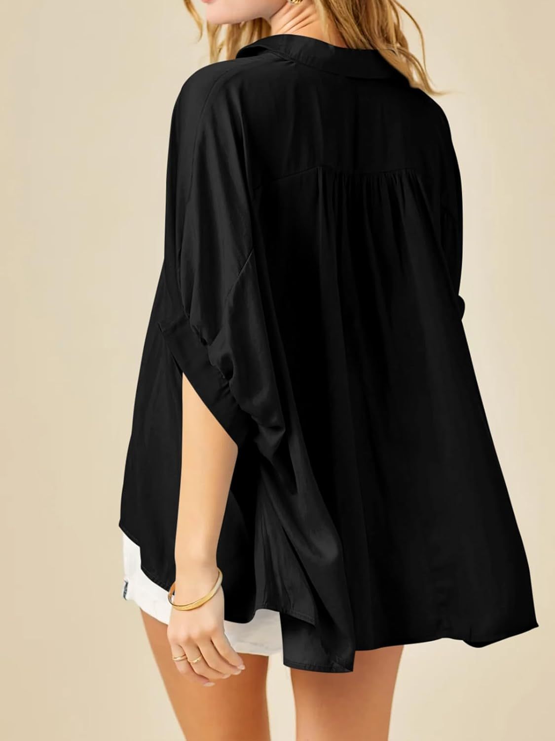Imily Bela Womens Oversized Button Down Shirt Silk Dolman Short Sleeve Dressy Casual Blouse Tops