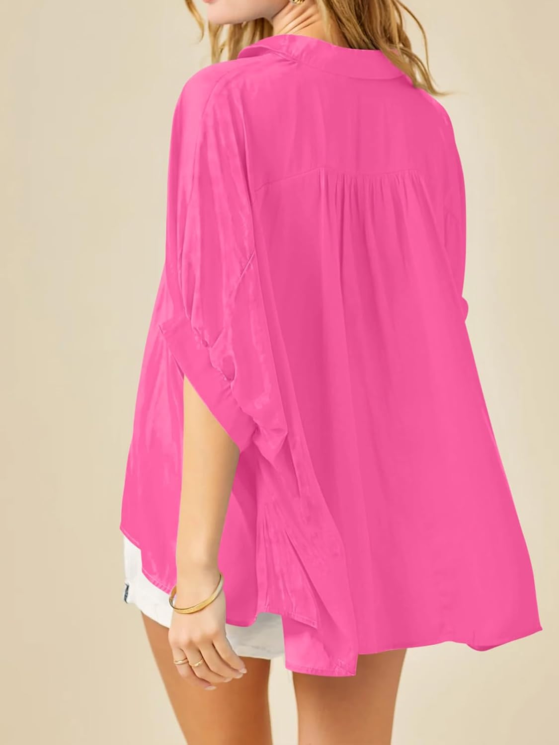 Imily Bela Womens Oversized Button Down Shirt Silk Dolman Short Sleeve Dressy Casual Blouse Tops