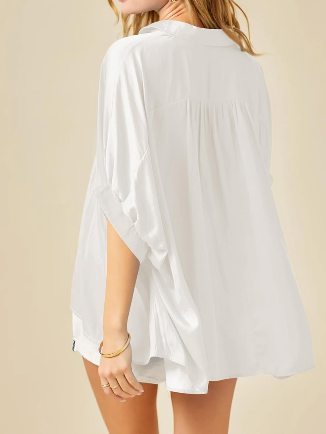 Imily Bela Womens Oversized Button Down Shirt Silk Dolman Short Sleeve Dressy Casual Blouse Tops