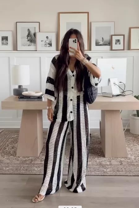 NIFTRIRY Women Cover Up Sets Button Up Tops with Pants Crochet Set Outfit 2 Piece Outfits Vacation Outfits