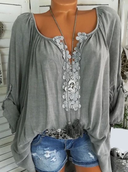 Long Sleeve Casual Solid V neck Plus Size Blouse