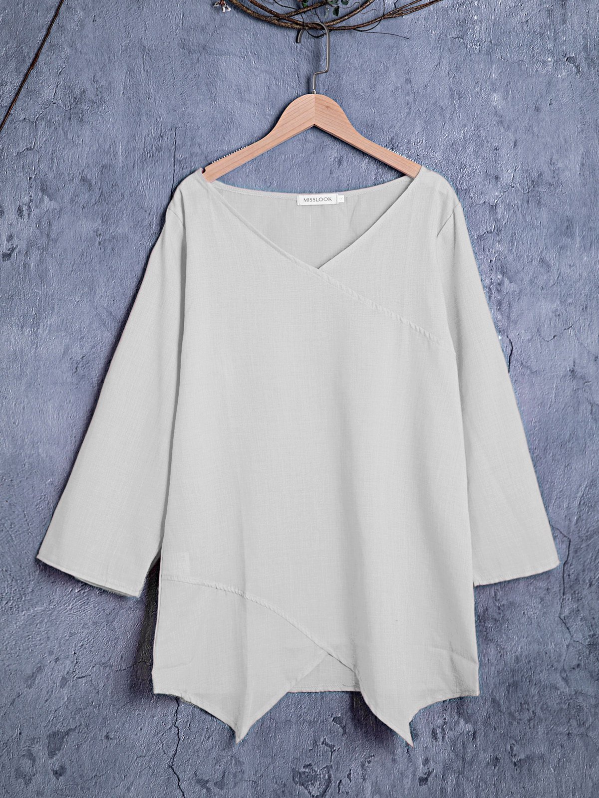 Paneled V Neck Solid 3/4 Sleeve Shirts & Tops