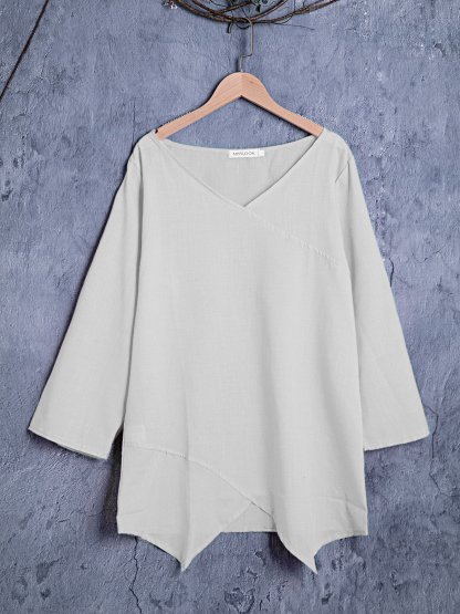 Paneled V Neck Solid 3/4 Sleeve Shirts & Tops
