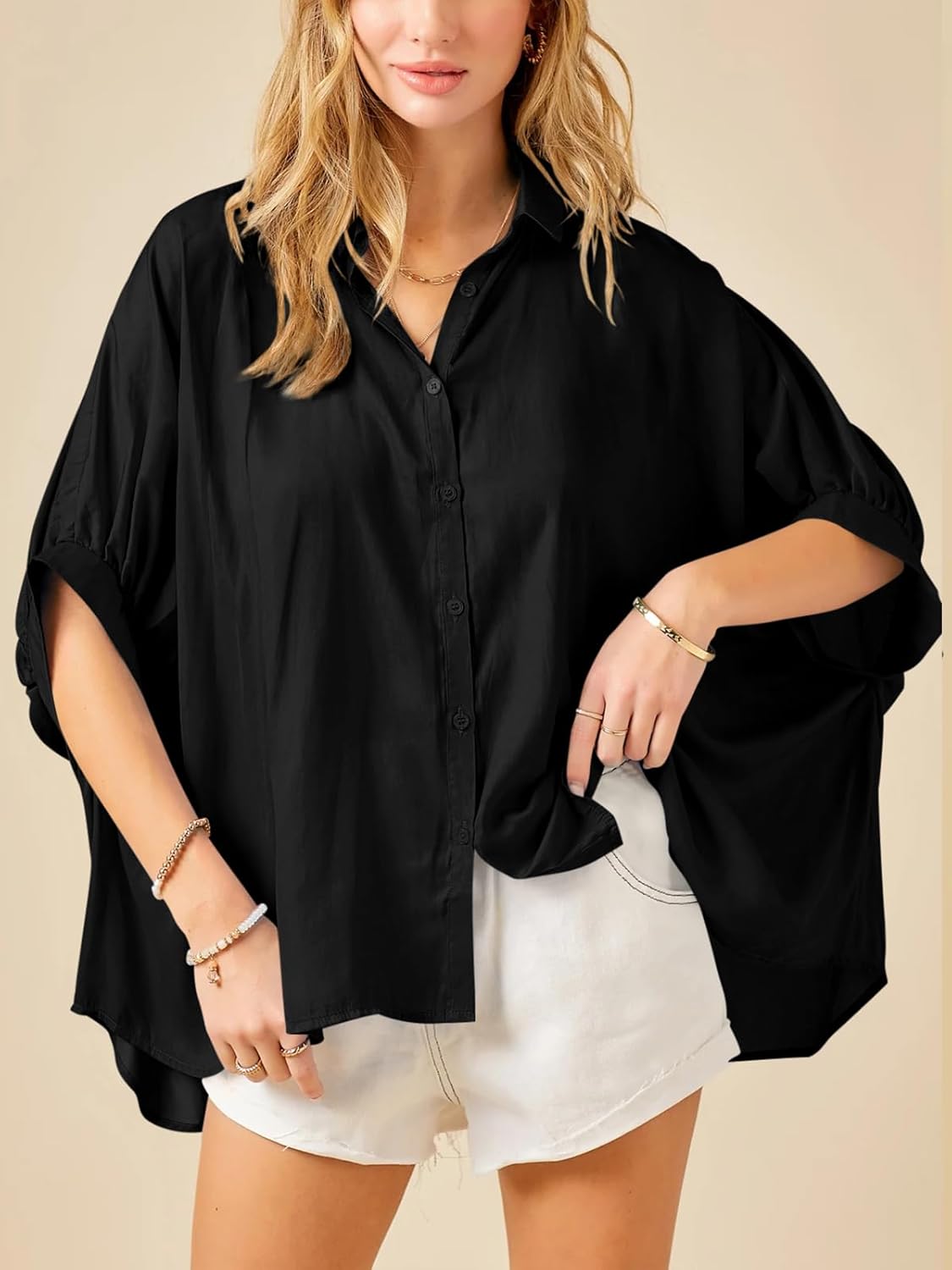 Imily Bela Womens Oversized Button Down Shirt Silk Dolman Short Sleeve Dressy Casual Blouse Tops