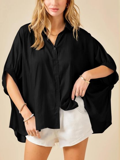 Imily Bela Womens Oversized Button Down Shirt Silk Dolman Short Sleeve Dressy Casual Blouse Tops