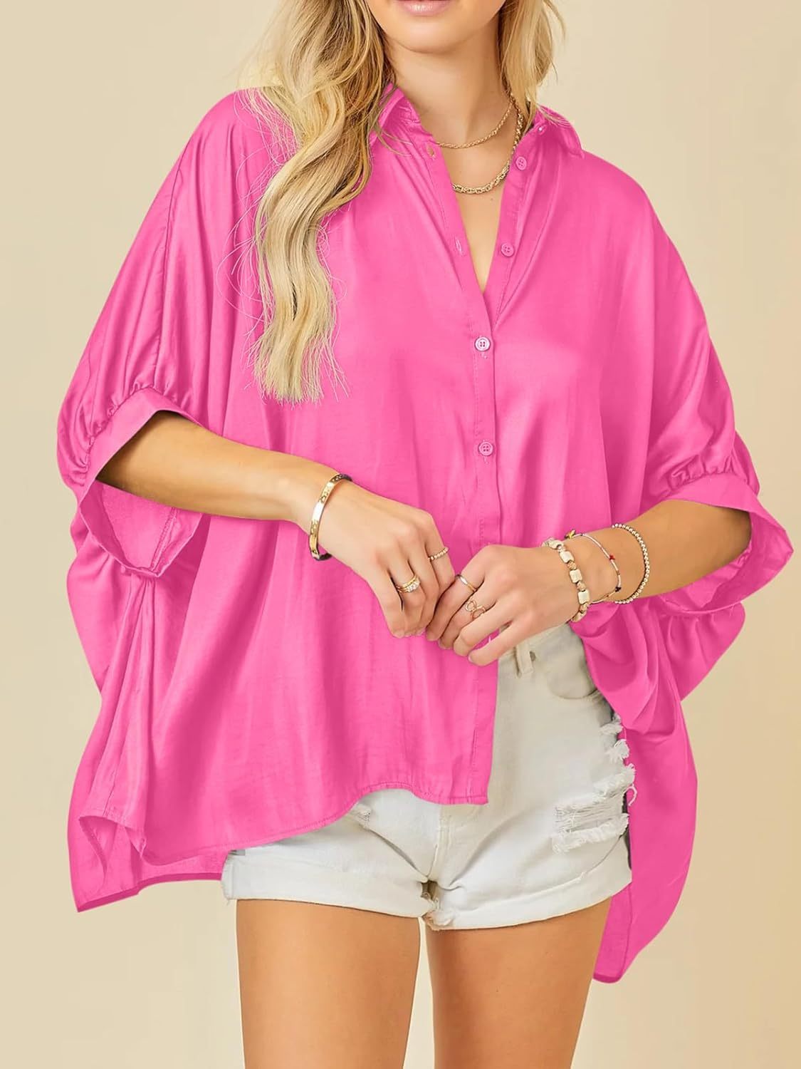 Imily Bela Womens Oversized Button Down Shirt Silk Dolman Short Sleeve Dressy Casual Blouse Tops