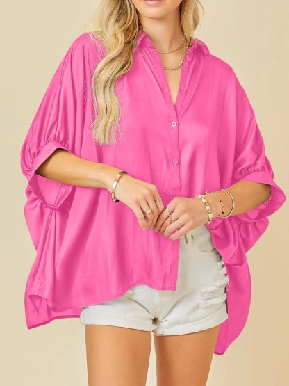 Imily Bela Womens Oversized Button Down Shirt Silk Dolman Short Sleeve Dressy Casual Blouse Tops