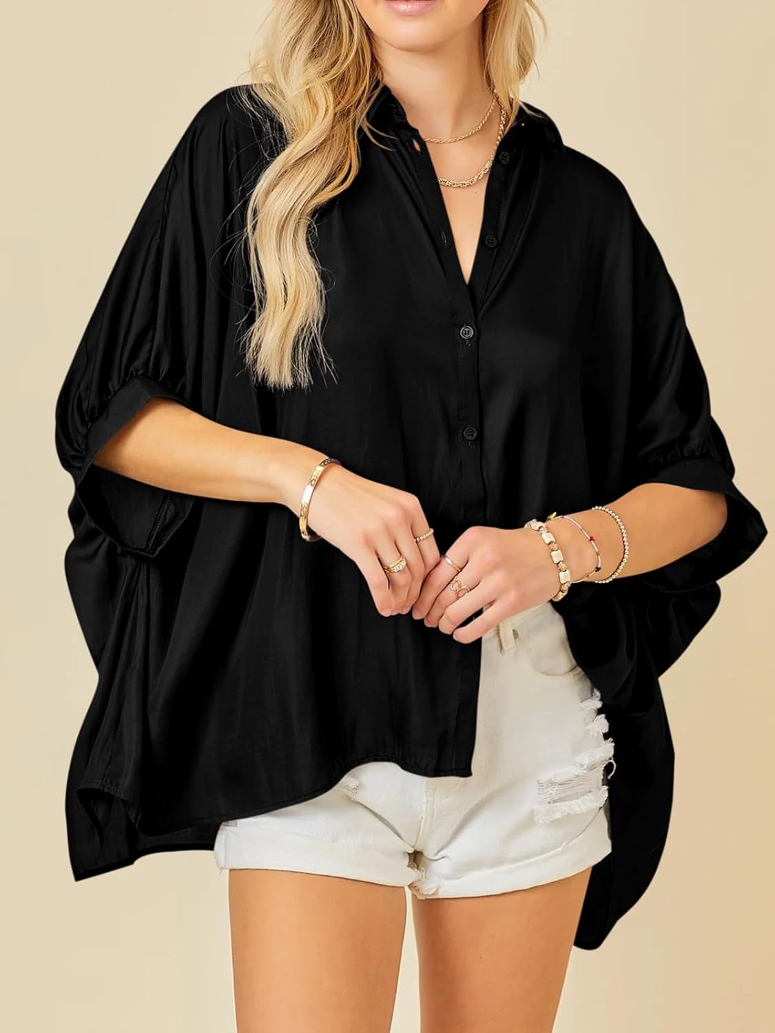 Imily Bela Womens Oversized Button Down Shirt Silk Dolman Short Sleeve Dressy Casual Blouse Tops