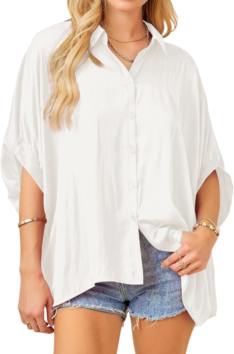 Imily Bela Womens Oversized Button Down Shirt Silk Dolman Short Sleeve Dressy Casual Blouse Tops